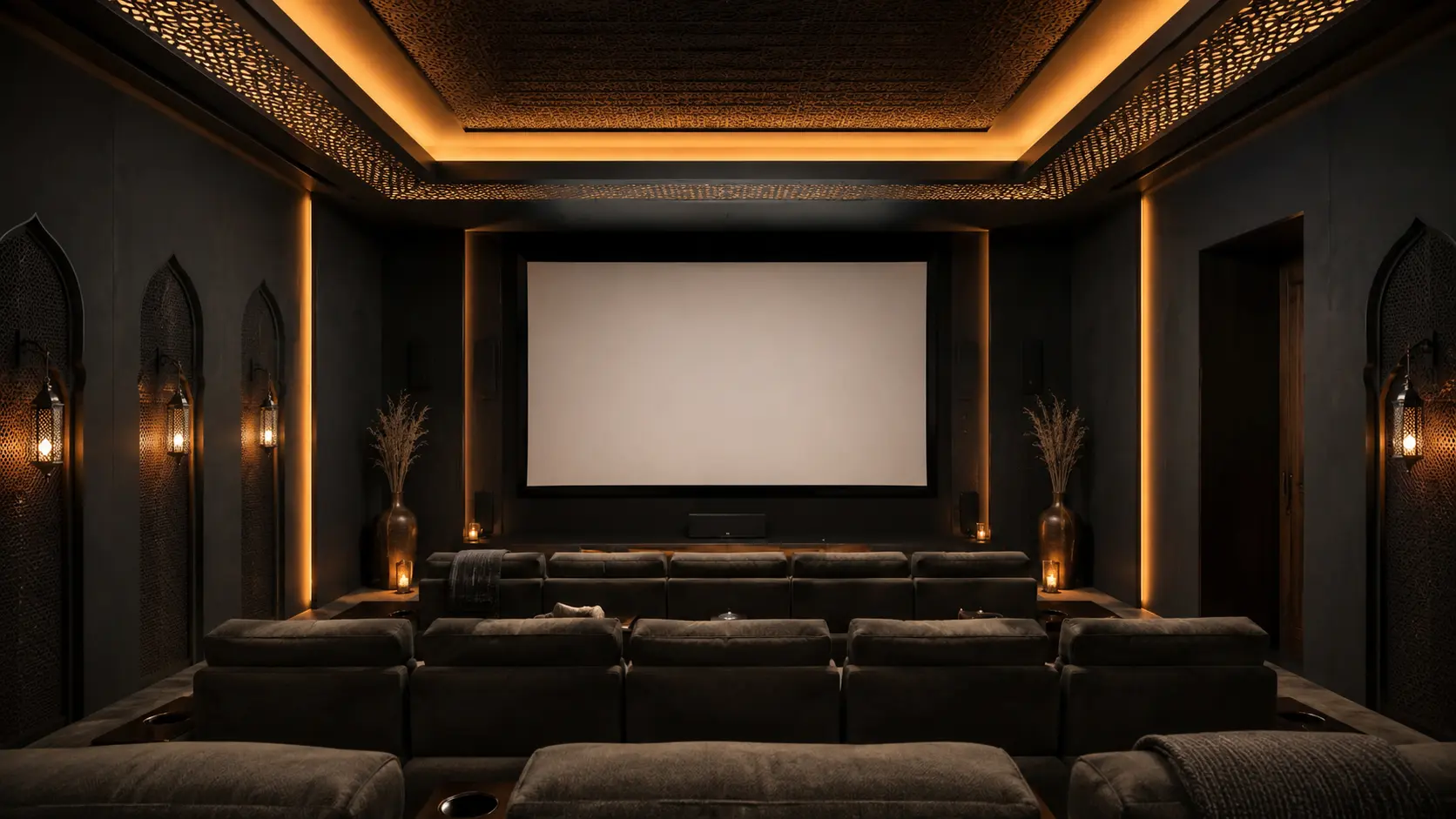 Salle de cinéma privée contemporaine avec fauteuils confortables et traitement acoustique discret